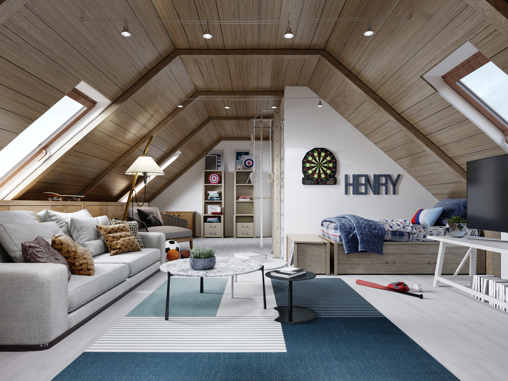 The design of the children's room for the teenager on the attic is in the loft style, the ceiling is hemmed with wood and the walls are white