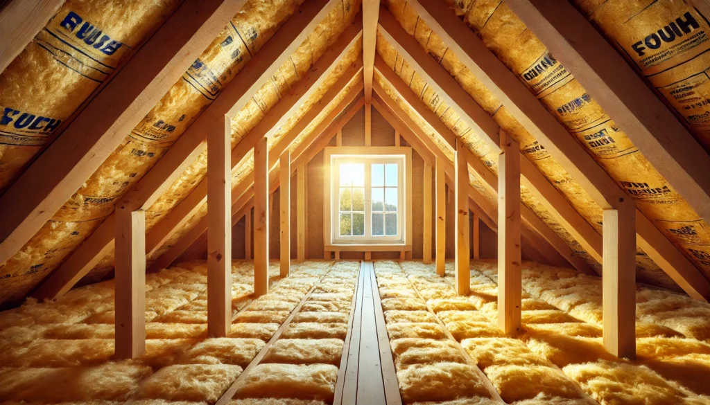 fiberglass insulation installed neatly between wooden beam - attic insulation types