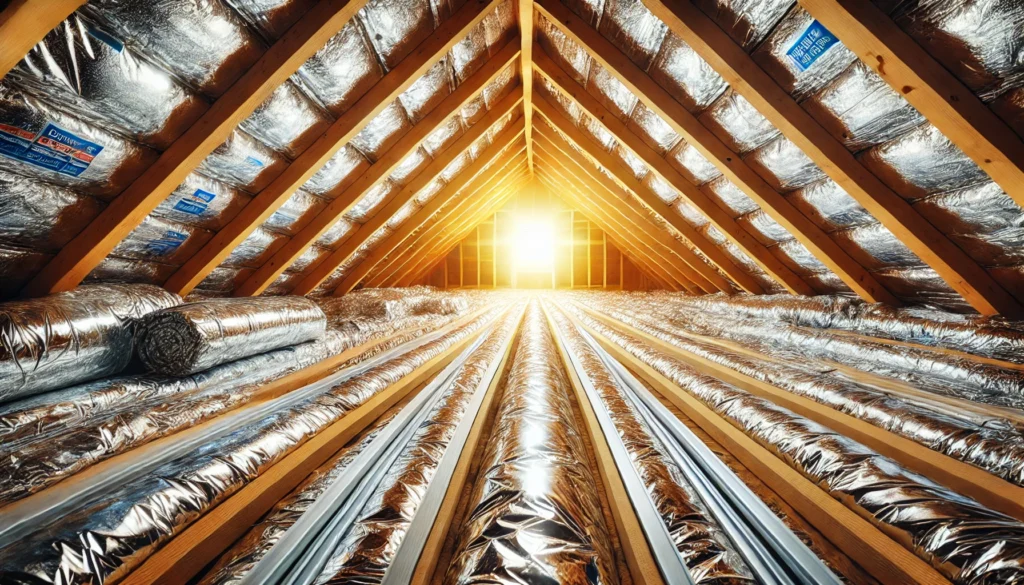 An attic with radiant barrier insulation